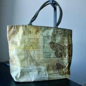 Butterfly Print Tote Bag Green Beige Shoulder Bag Purse Handbag